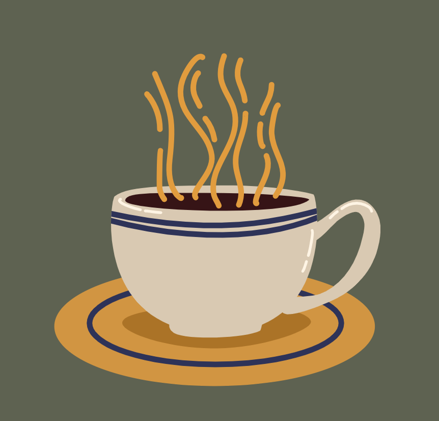 drawing of steaming cup of tea in a white cup on a yellow and blue saucer with a green background